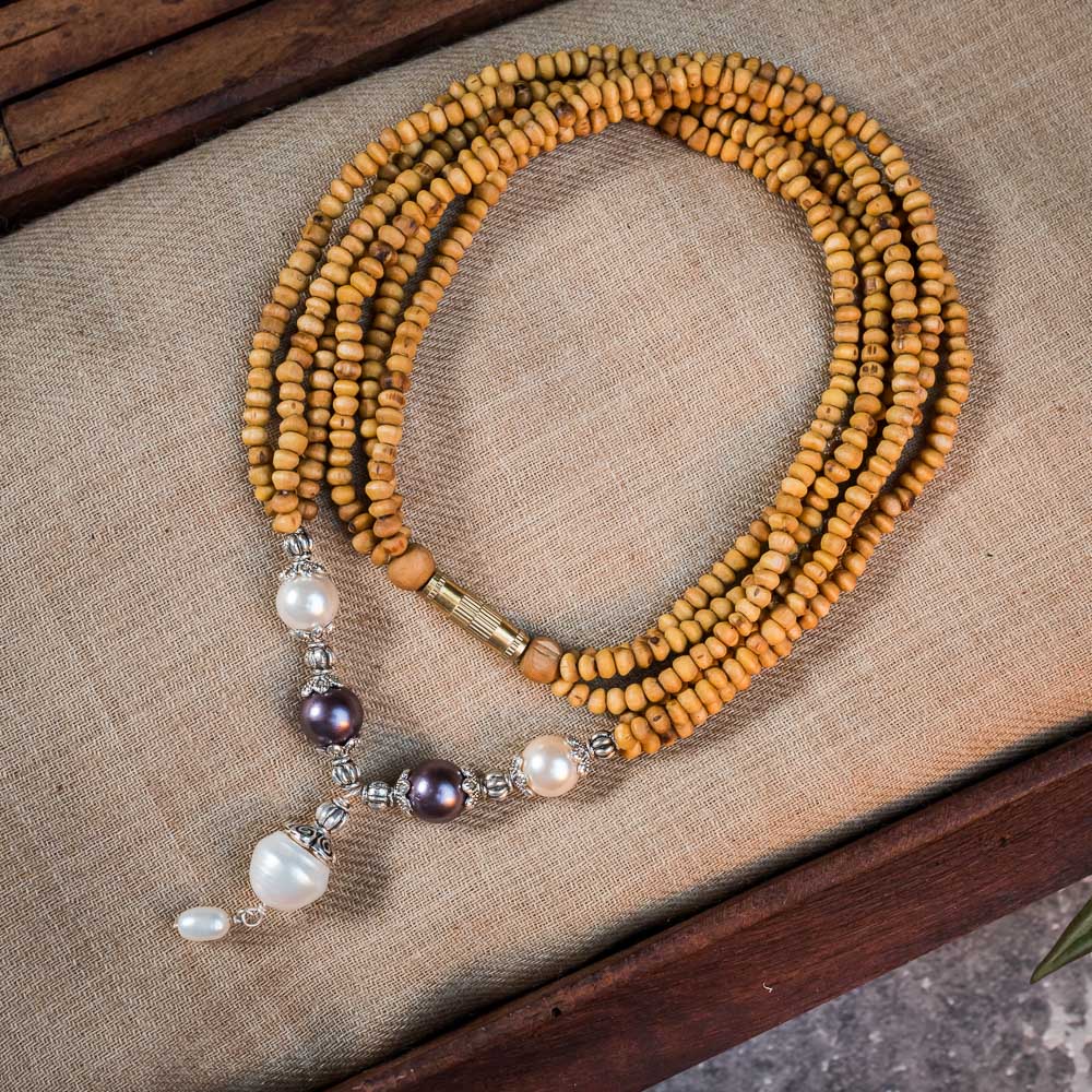 Tulsi Kunti Mala White Purple Perl #68