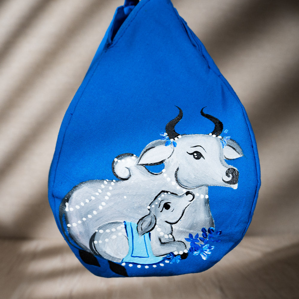 Hand-painted Beadbag - Cows in Blue