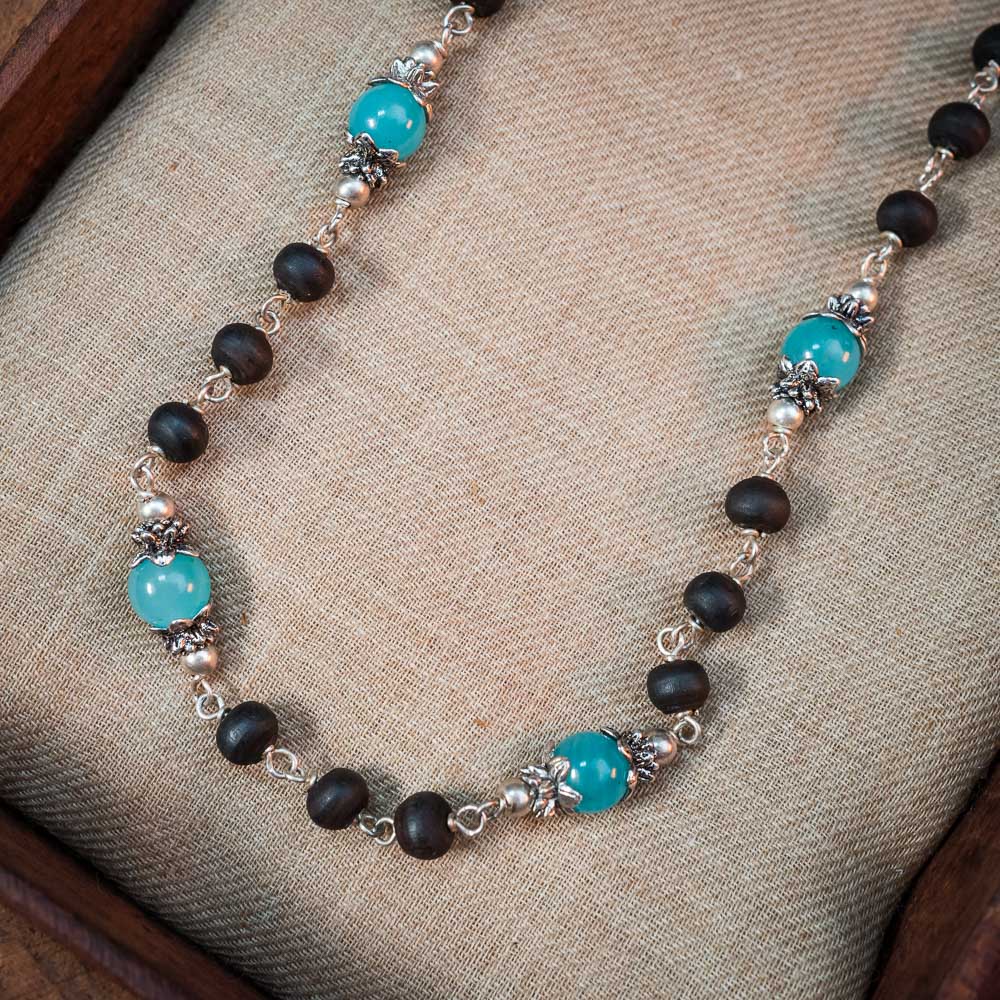 Silver Tulsi Kunti Mala with Blue Amazonite Stone #S110
