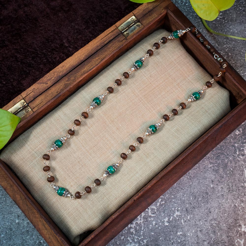 Silver Tulsi Kunti Mala with Green Malachite Stone #S111