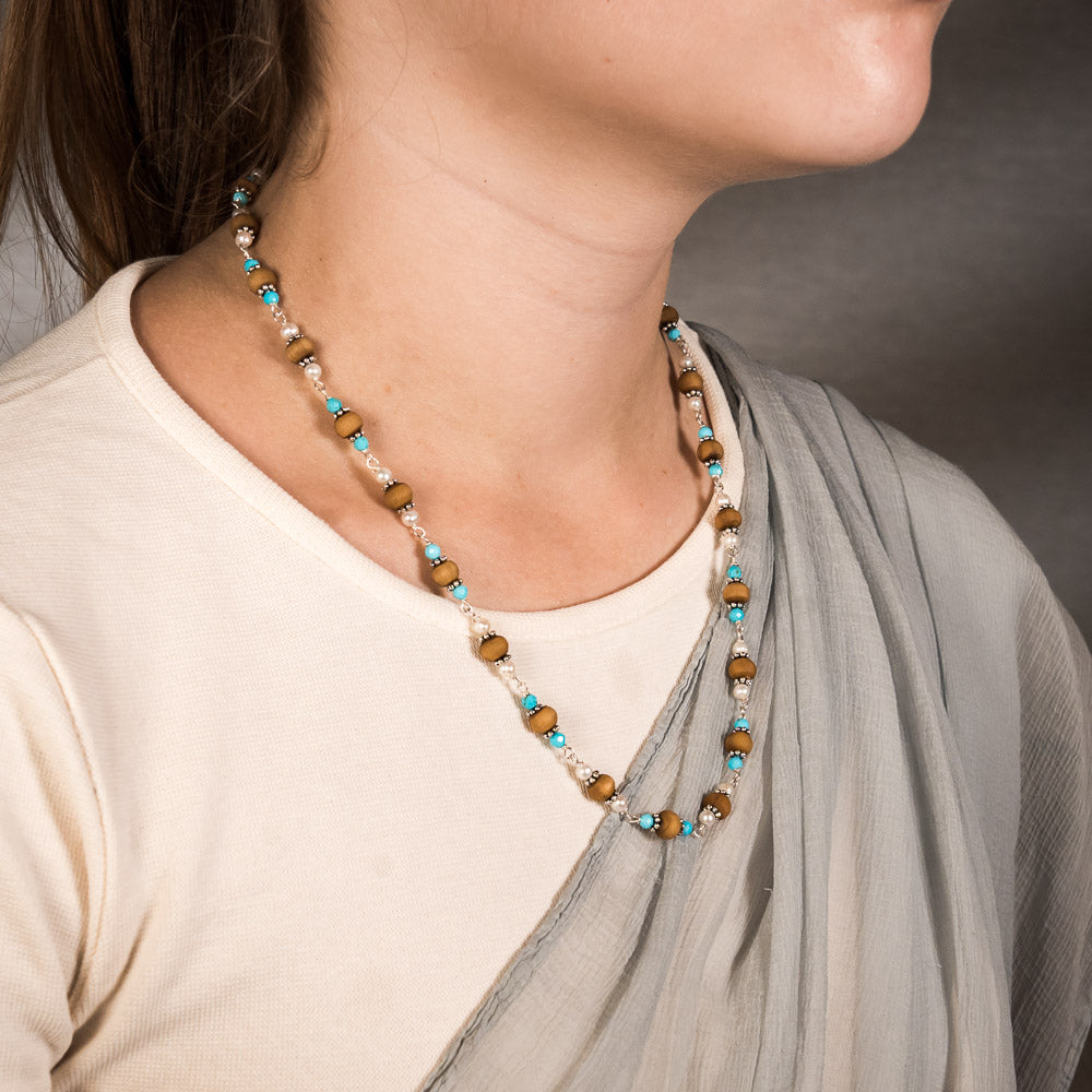 Devi Silver Tulsi Mala | Turquoise & Pearl