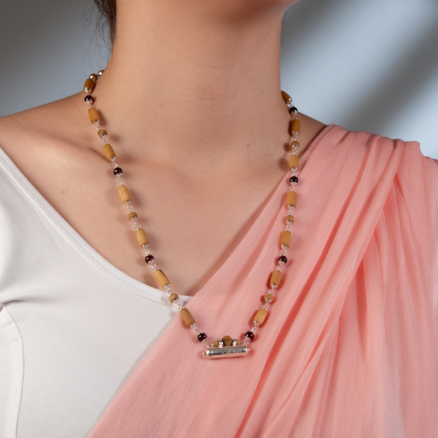Janaki Silver Tulsi Mala - Garnet for Creativity and Courage