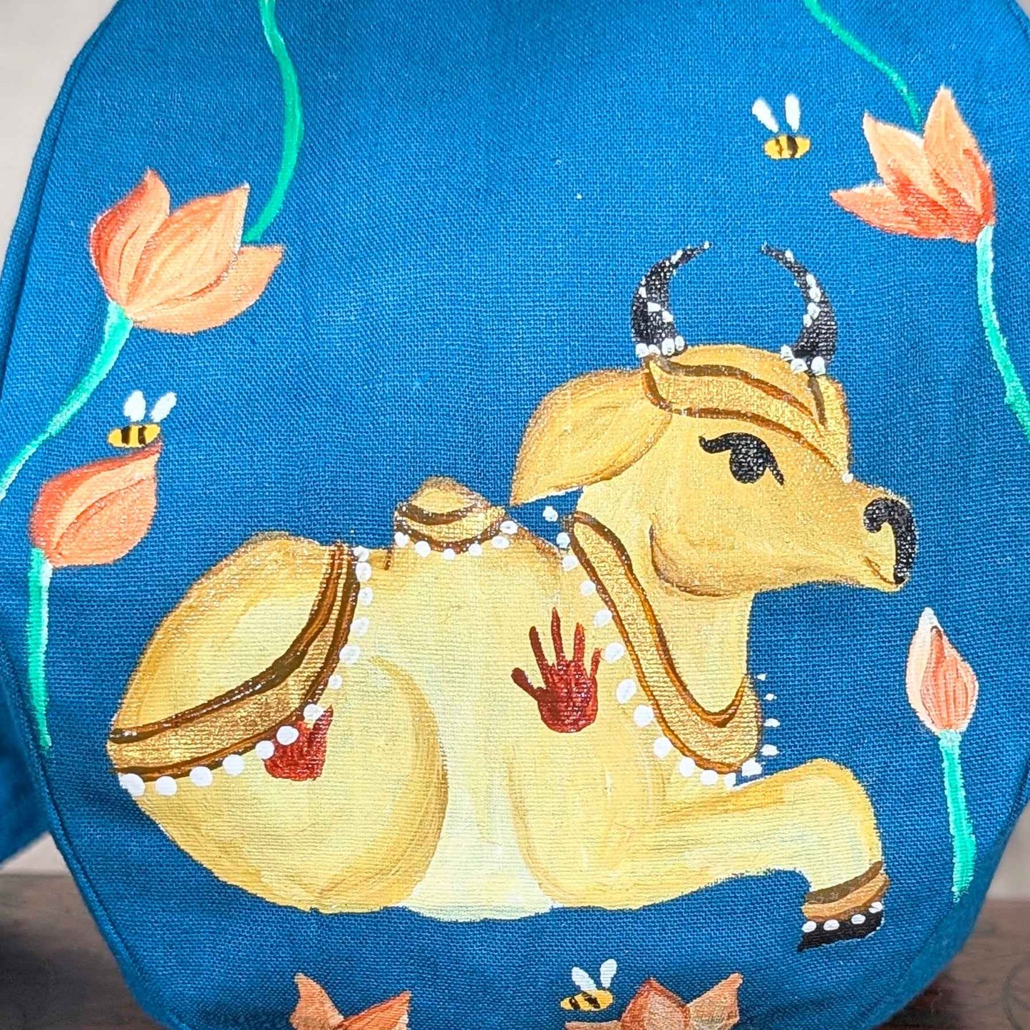 Hand-painted Beadbag Blue - Cow with Lotus