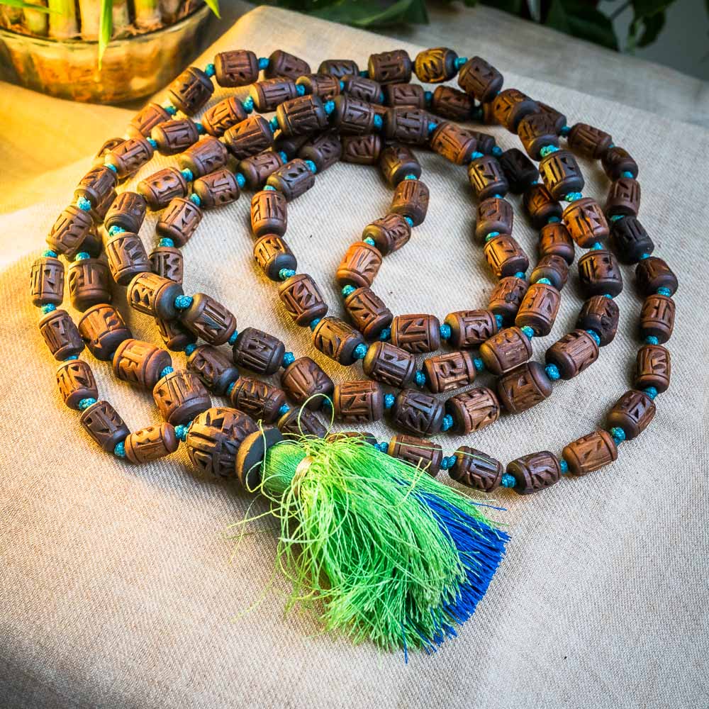 Radha Hand Carved Mala Green and Blue #09