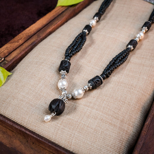 Tulsi Kunti Mala Black White Perl  #66
