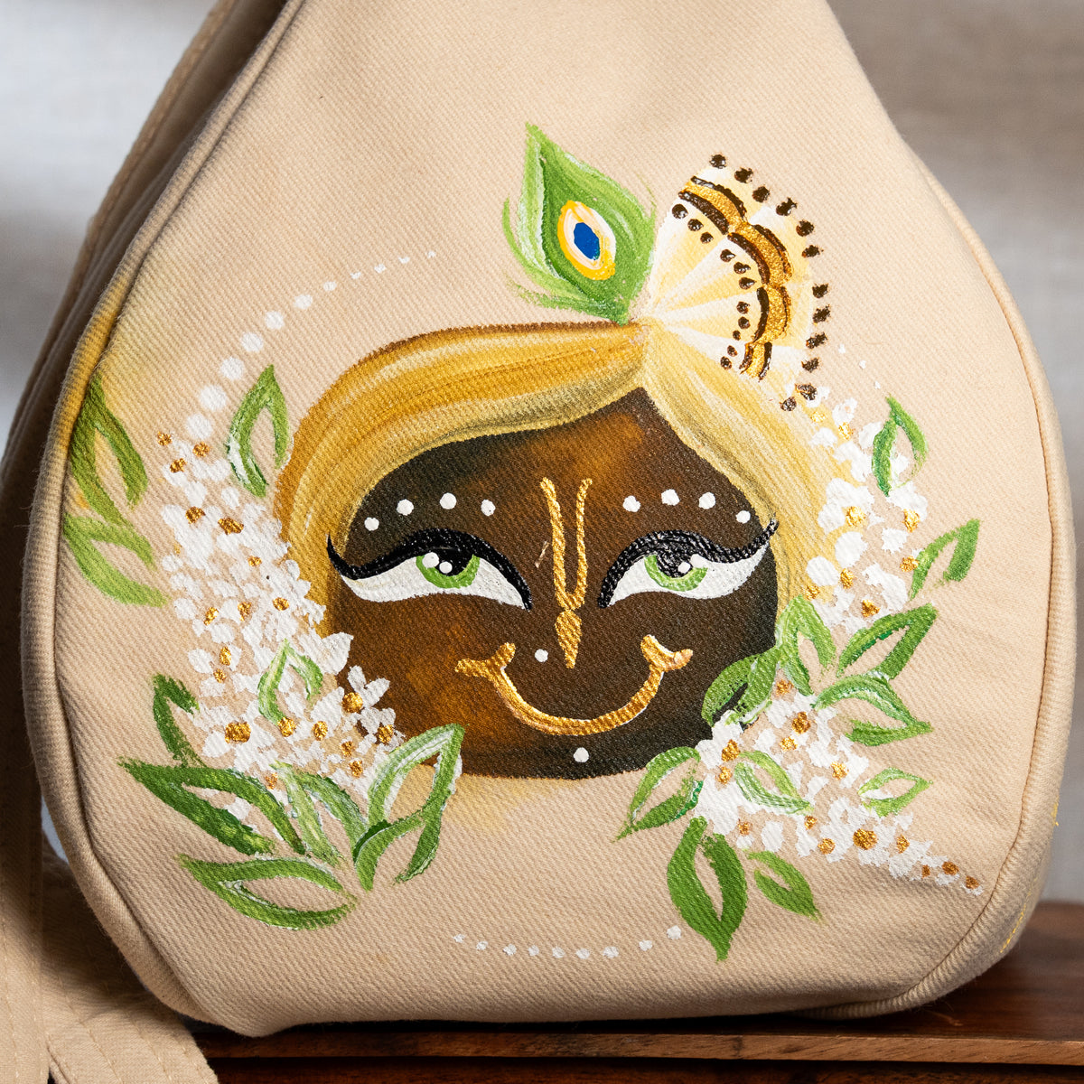 Hand-Painted Japa Mala Beadbag - Golden Peacock