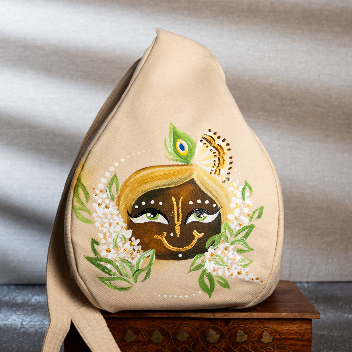 Hand-Painted Japa Mala Beadbag - Golden Peacock