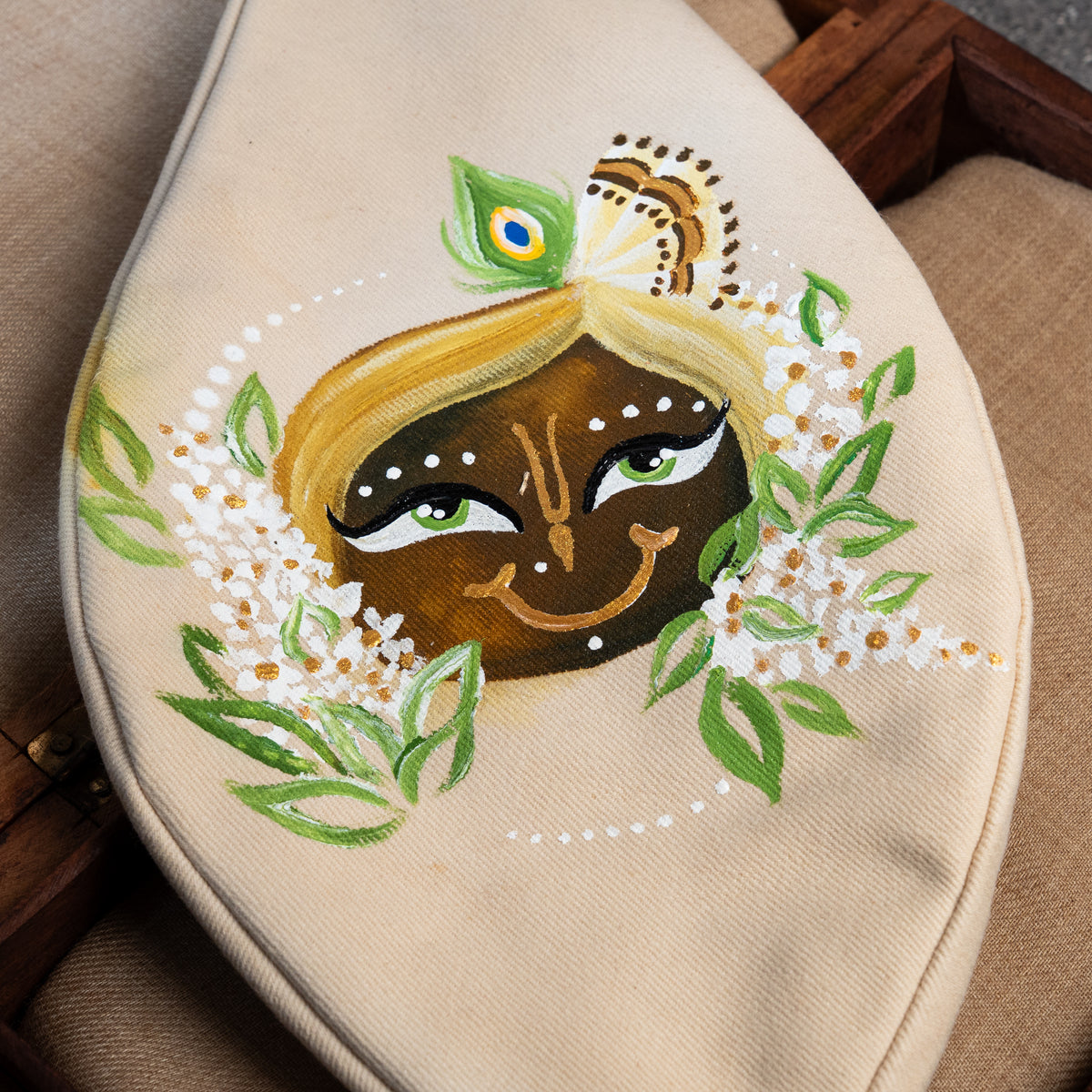 Hand-Painted Japa Mala Beadbag - Golden Peacock