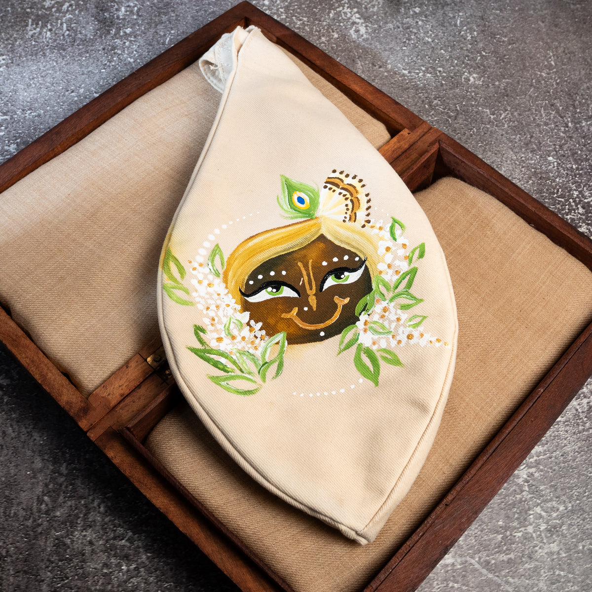 Hand-Painted Japa Mala Beadbag - Golden Peacock