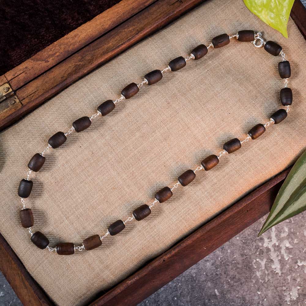 Silver Tulsi Kunti Mala barrel dark brown #S105