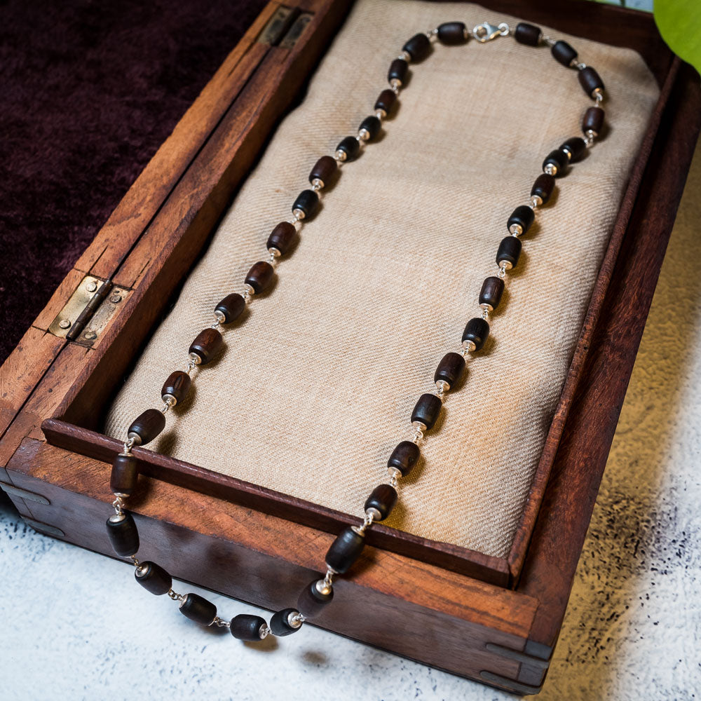 Silver Tulsi Kunti Mala barrel dark brown #S105