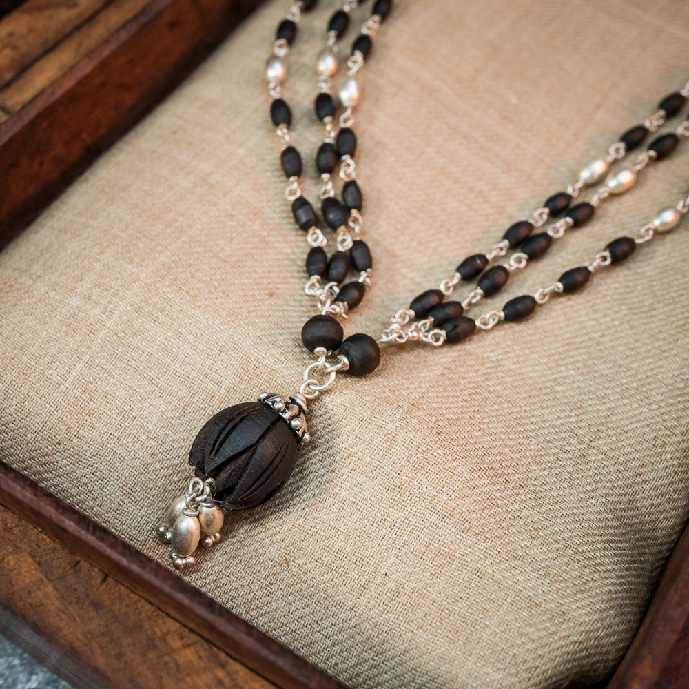 Silver Tulsi Kunti Mala with Black Lotus #S107
