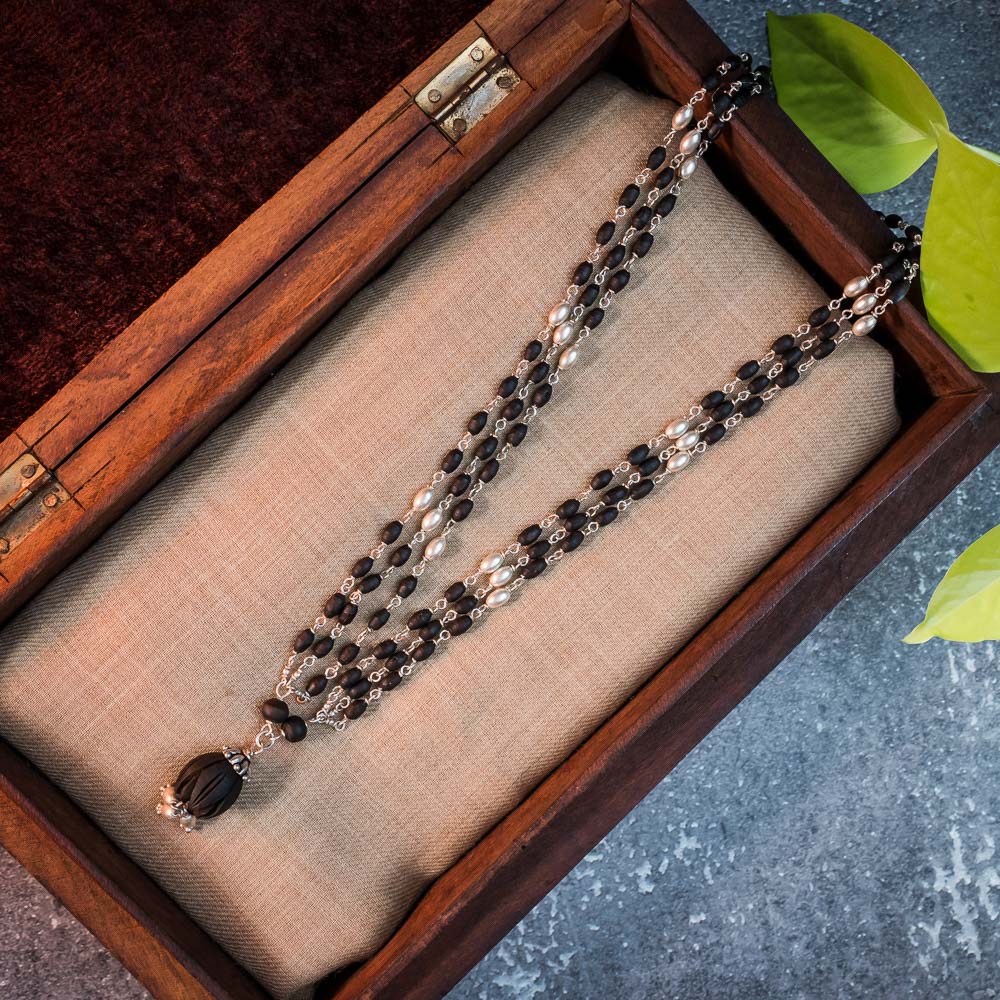 Silver Tulsi Kunti Mala with Black Lotus #S107