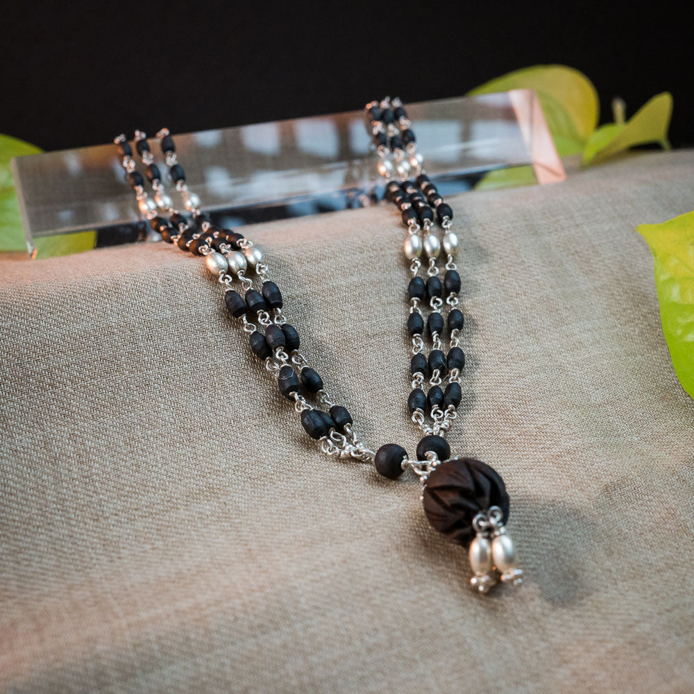 Silver Tulsi Kunti Mala with Black Lotus #S107