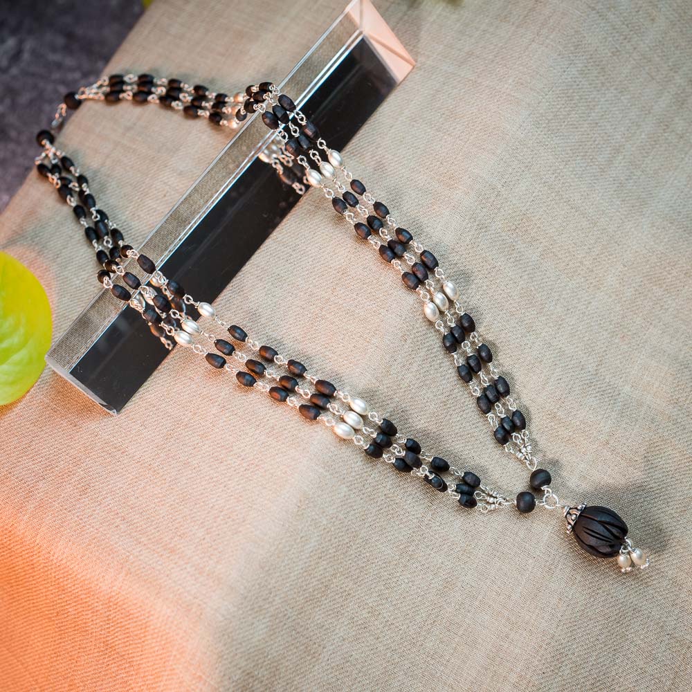 Silver Tulsi Kunti Mala with Black Lotus #S107