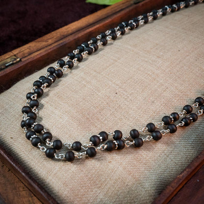 Silver Tulsi Kunti Mala with Black Perl #S108