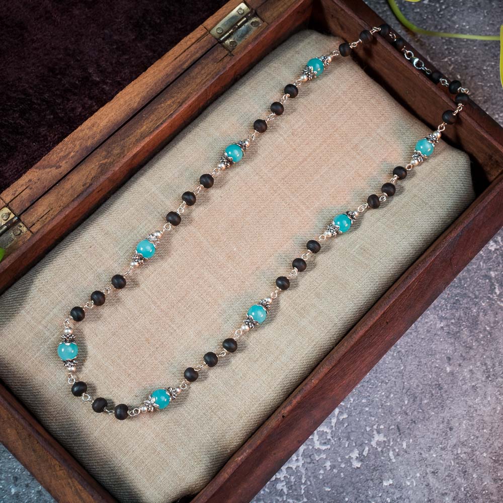Silver Tulsi Kunti Mala with Blue Amazonite Stone #S110