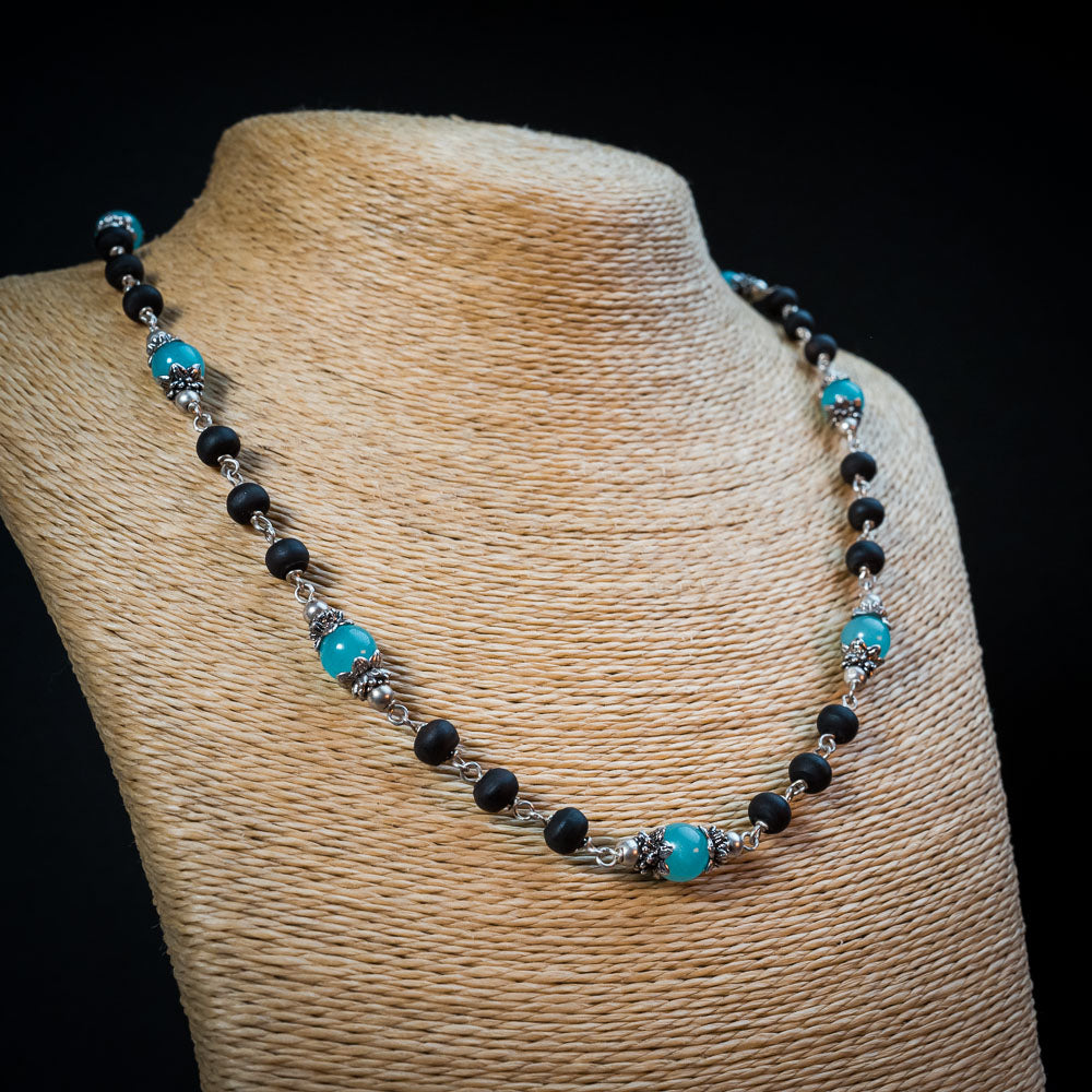 Silver Tulsi Kunti Mala with Blue Amazonite Stone #S110