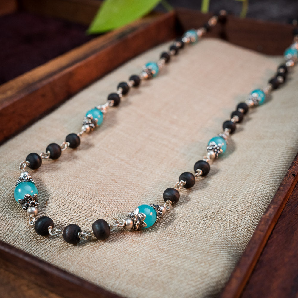 Silver Tulsi Kunti Mala with Blue Amazonite Stone #S110