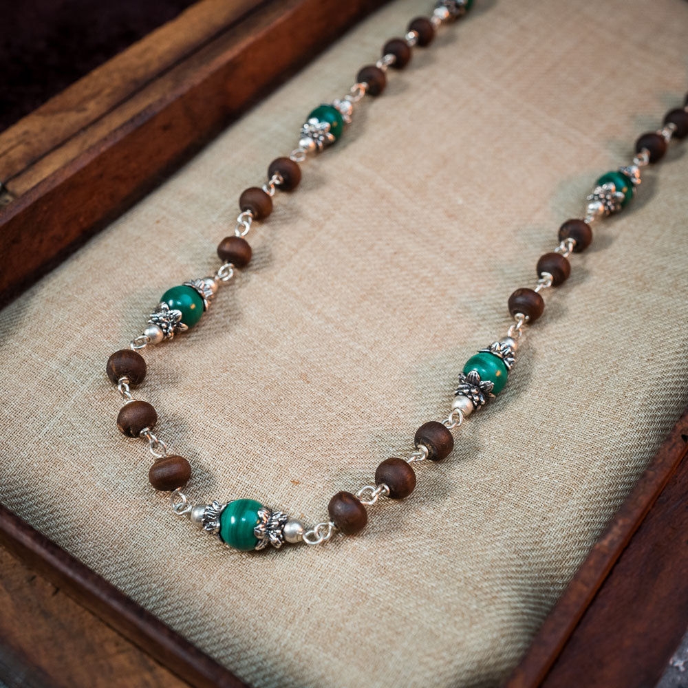 Silver Tulsi Kunti Mala with Green Malachite Stone #S111