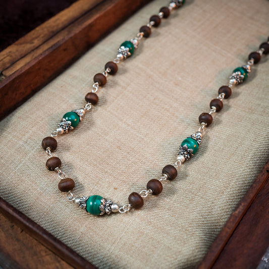 Silver Tulsi Kunti Mala with Green Malachite Stone #S111