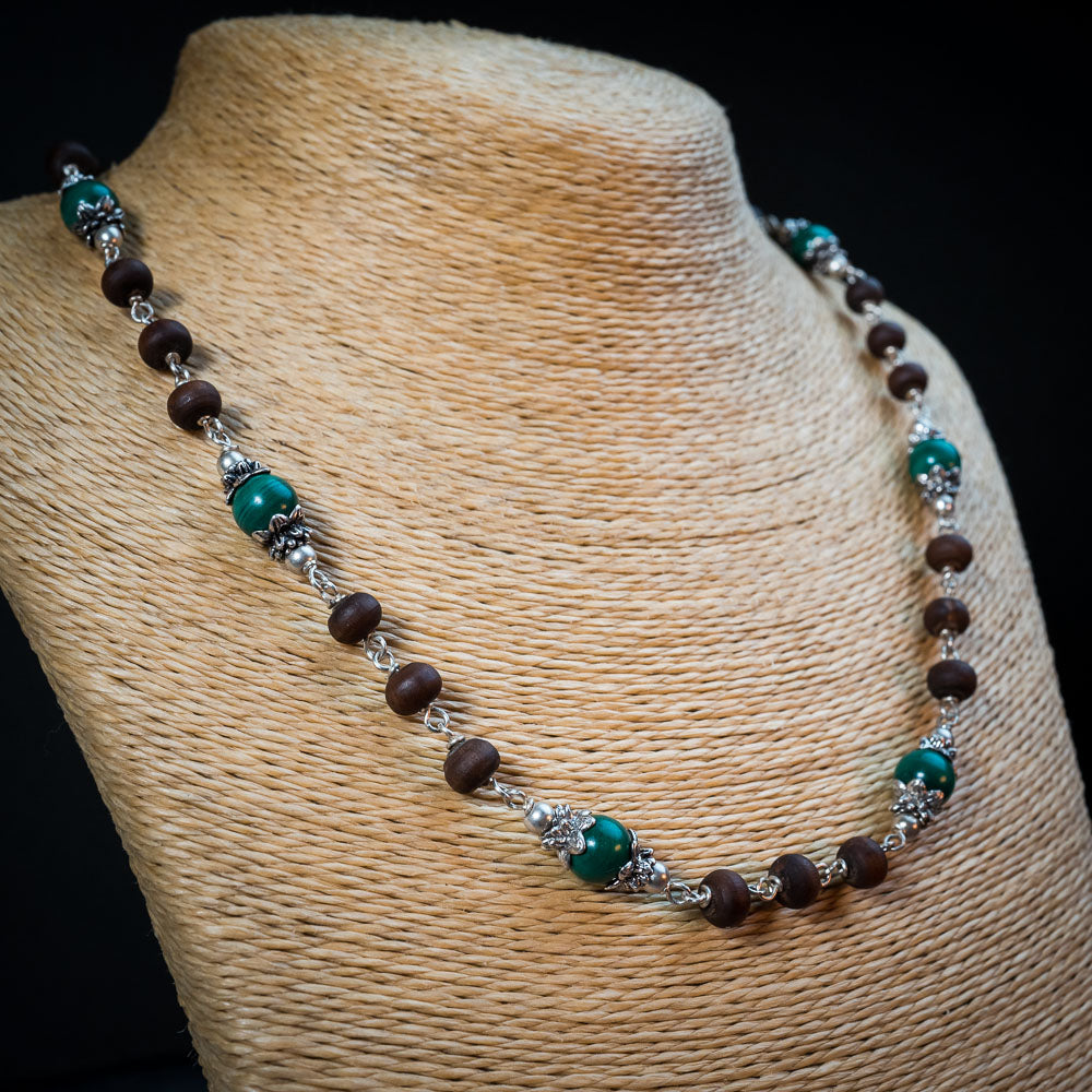 Silver Tulsi Kunti Mala with Green Malachite Stone #S111