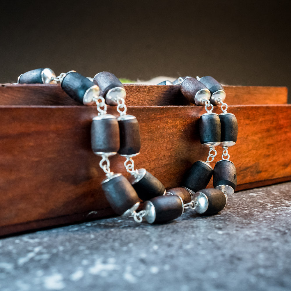Silver Tulsi Kunti Mala Black Barrel  #S118