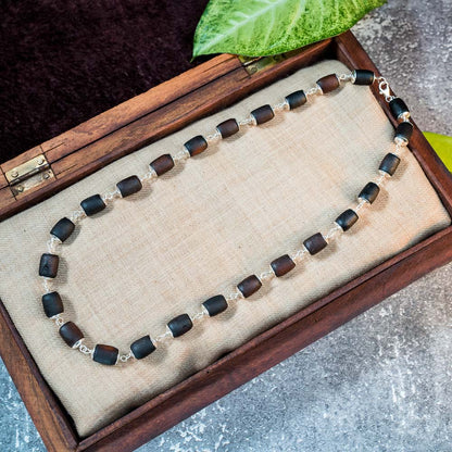 Silver Tulsi Kunti Mala Black Barrel  #S118