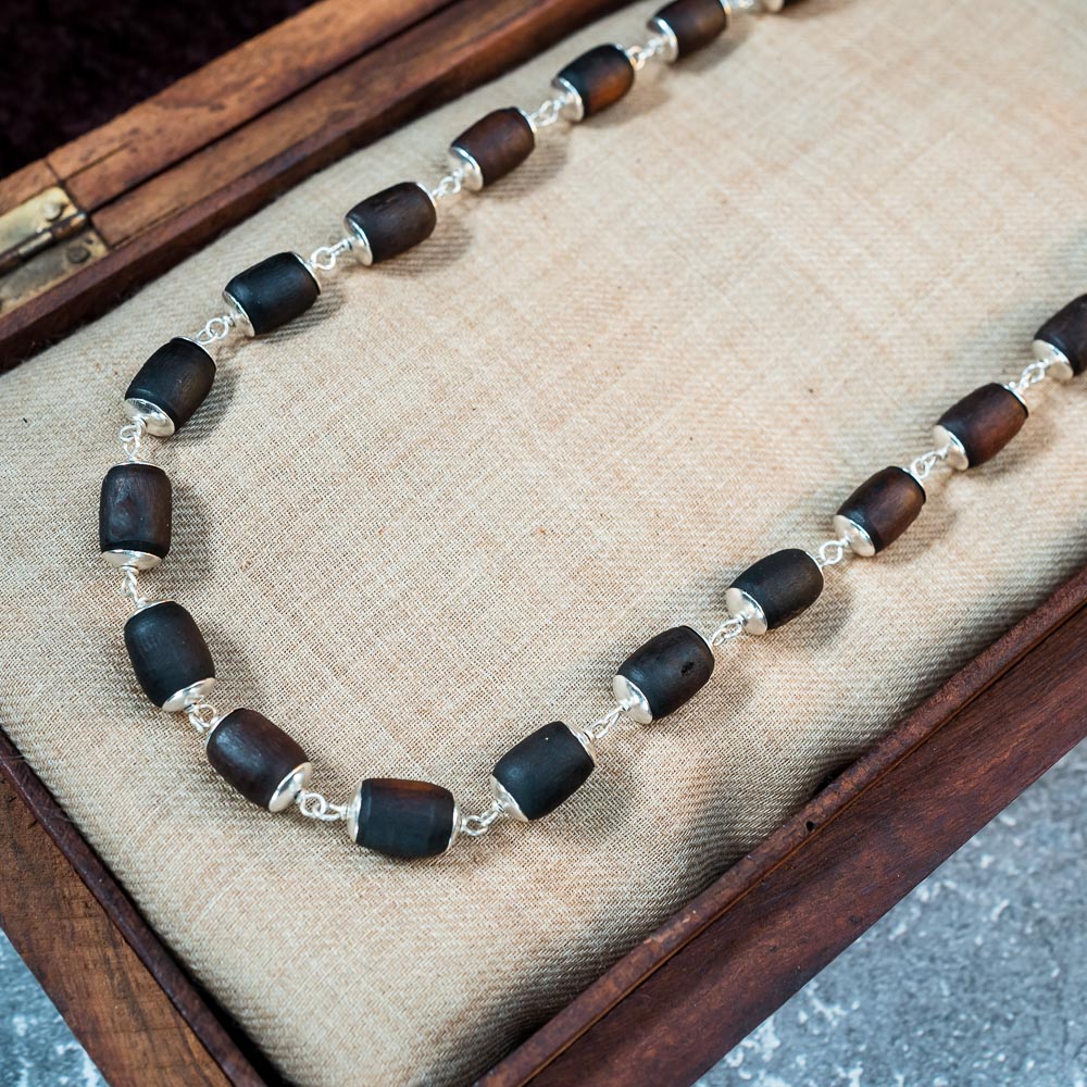 Silver Tulsi Kunti Mala Black Barrel  #S118