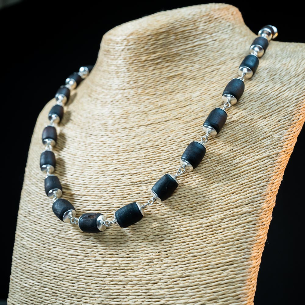 Silver Tulsi Kunti Mala Black Barrel  #S118