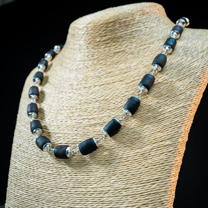 Silver Tulsi Kunti Mala Black Barrel  #S118