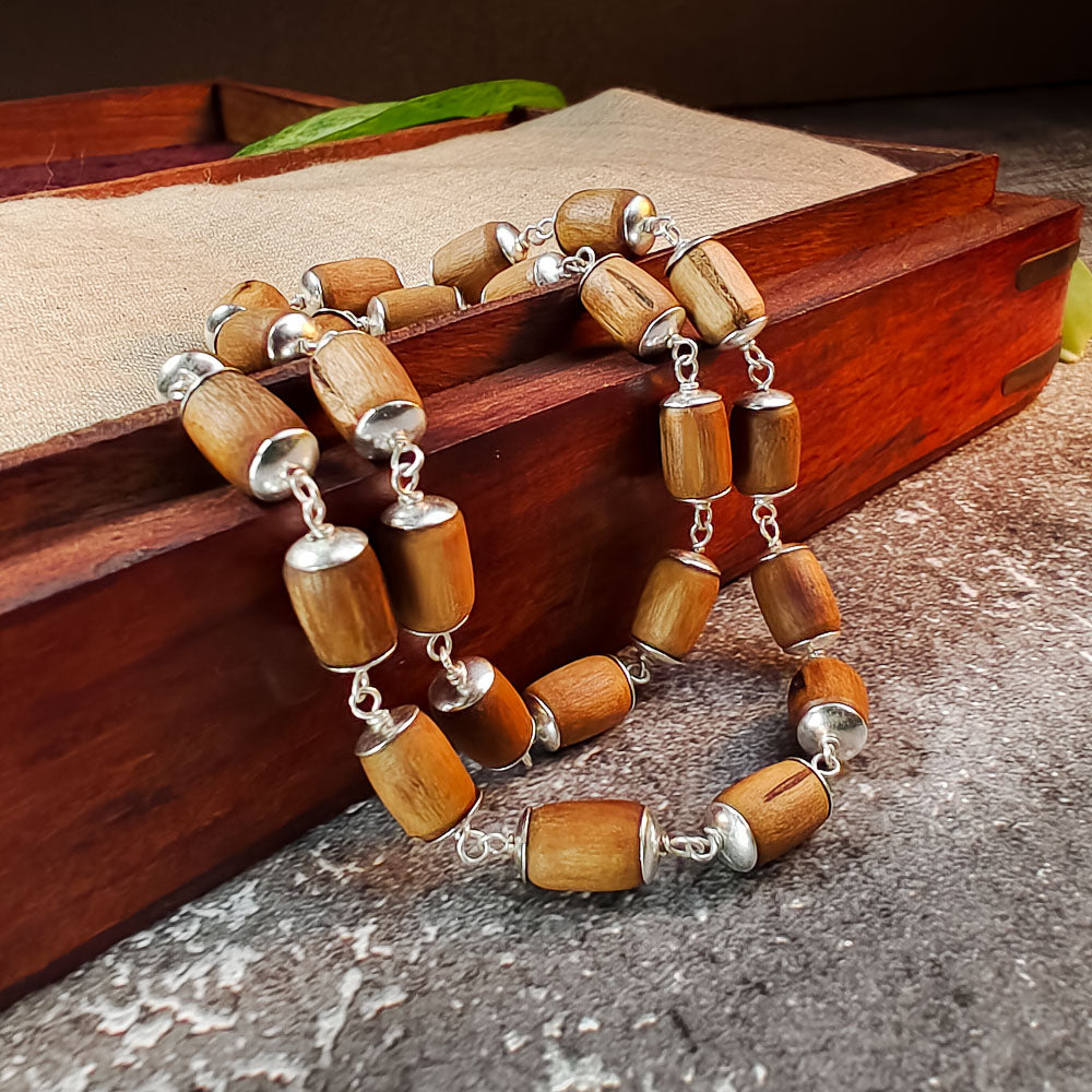 Silver Tulsi Kunti Mala Brown Barrel  #S119