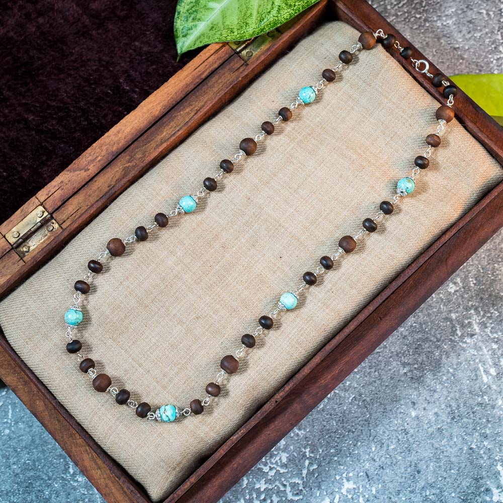 Silver Tulsi Kunti Mala with Turquoise Stones #S124