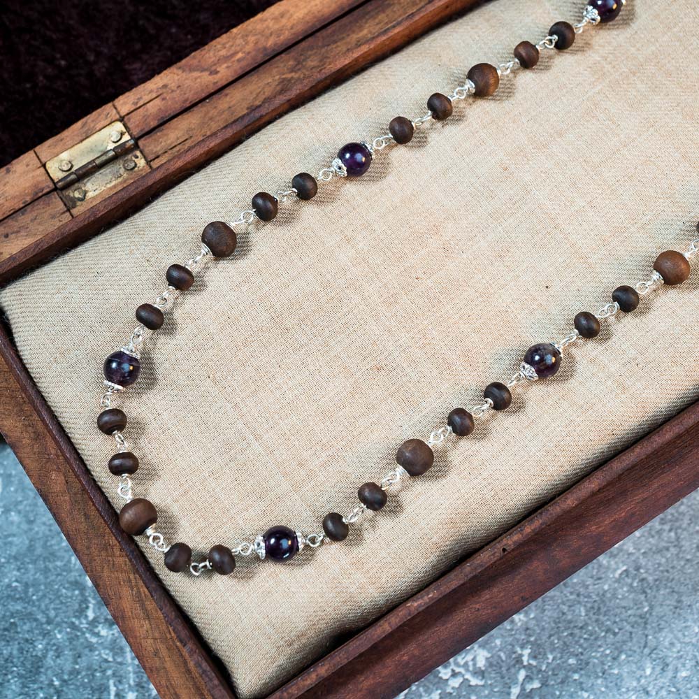 Silver Tulsi Kunti Mala with Amethyst Stones #S125