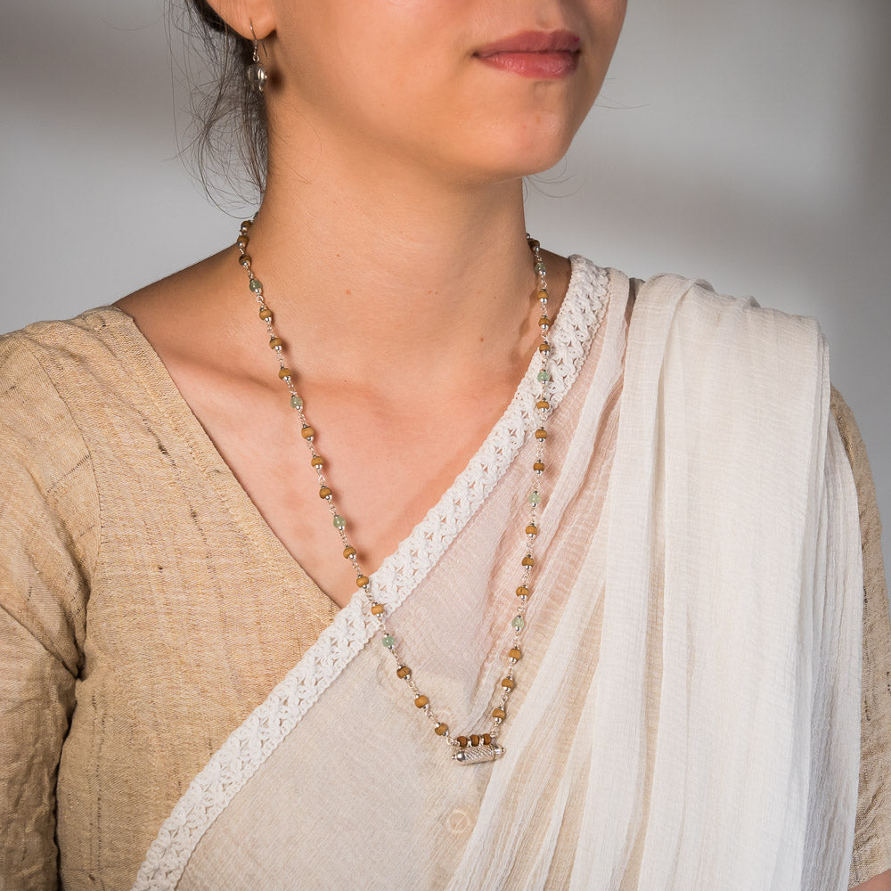 Harini Tulsi Mala with Silver Caps & Green Aventurine Stones