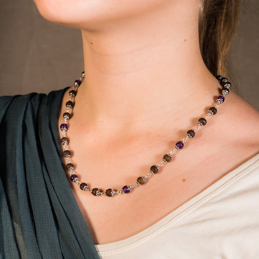Yamuna Kanti - Silver Tulsi Mala with Amethyst Stones