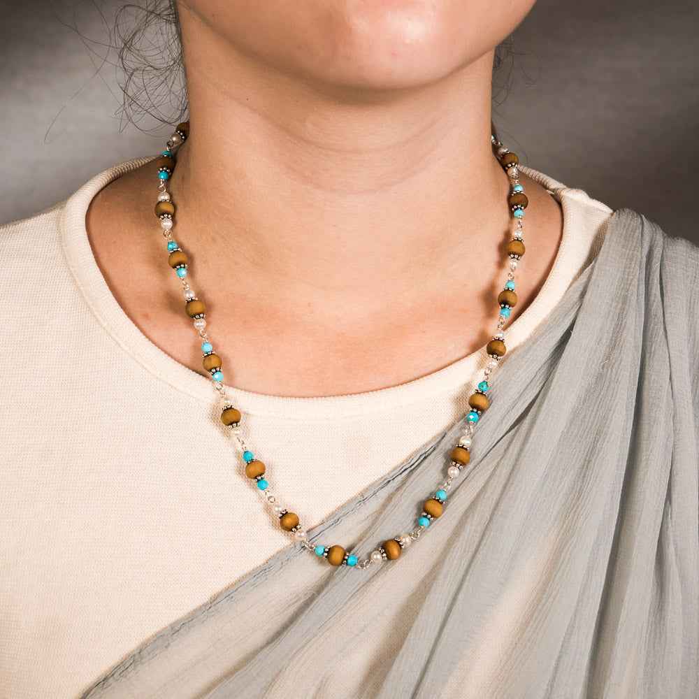 Devi Silver Tulsi Mala | Turquoise & Pearl