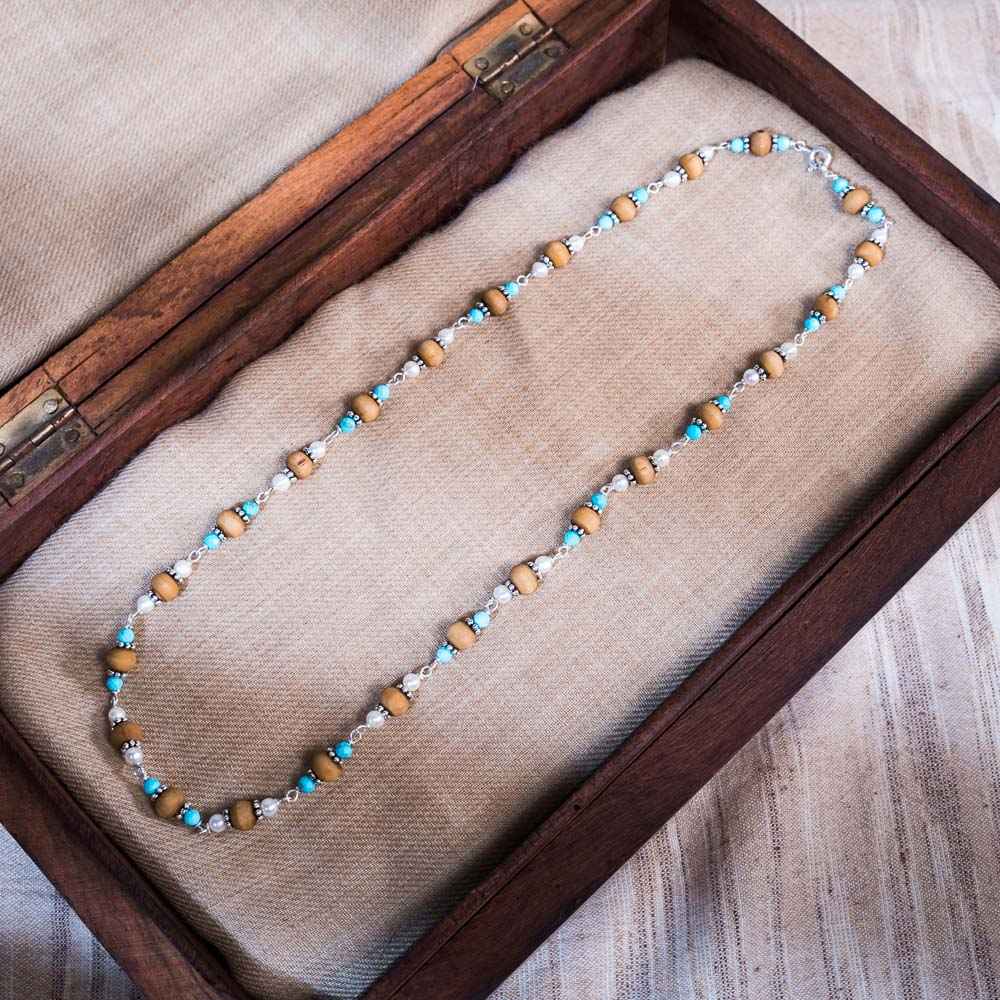 Devi Silver Tulsi Mala | Turquoise & Pearl