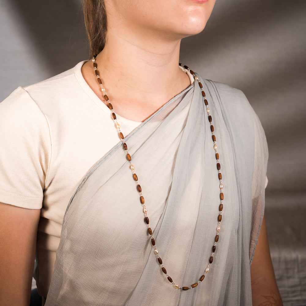 Kalindi Silver Tulsi Mala |  Teardrop white Pearls
