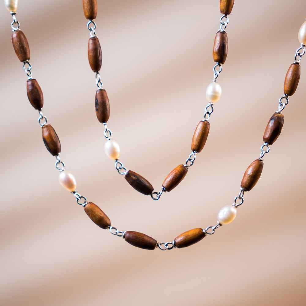 Kalindi Silver Tulsi Mala |  Teardrop white Pearls