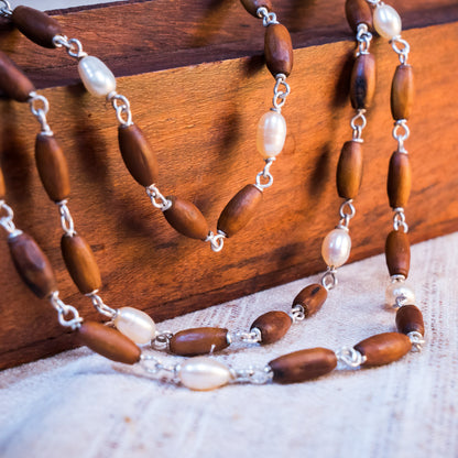 Kalindi Silver Tulsi Mala |  Teardrop white Pearls