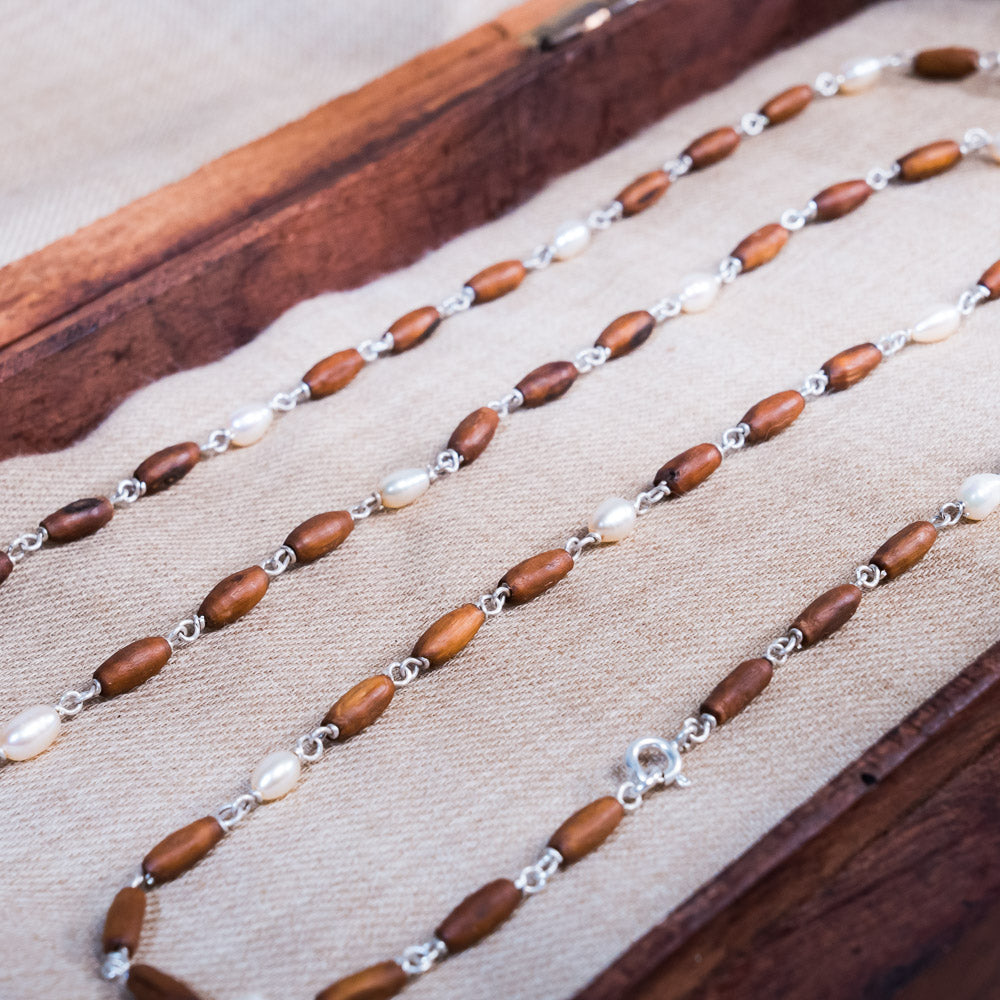 Kalindi Silver Tulsi Mala |  Teardrop white Pearls