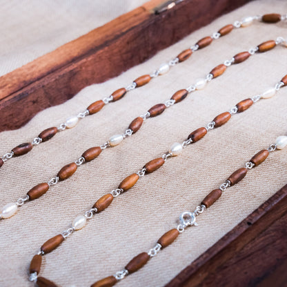 Kalindi Silver Tulsi Mala |  Teardrop white Pearls