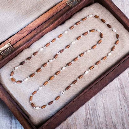 Kalindi Silver Tulsi Mala |  Teardrop white Pearls