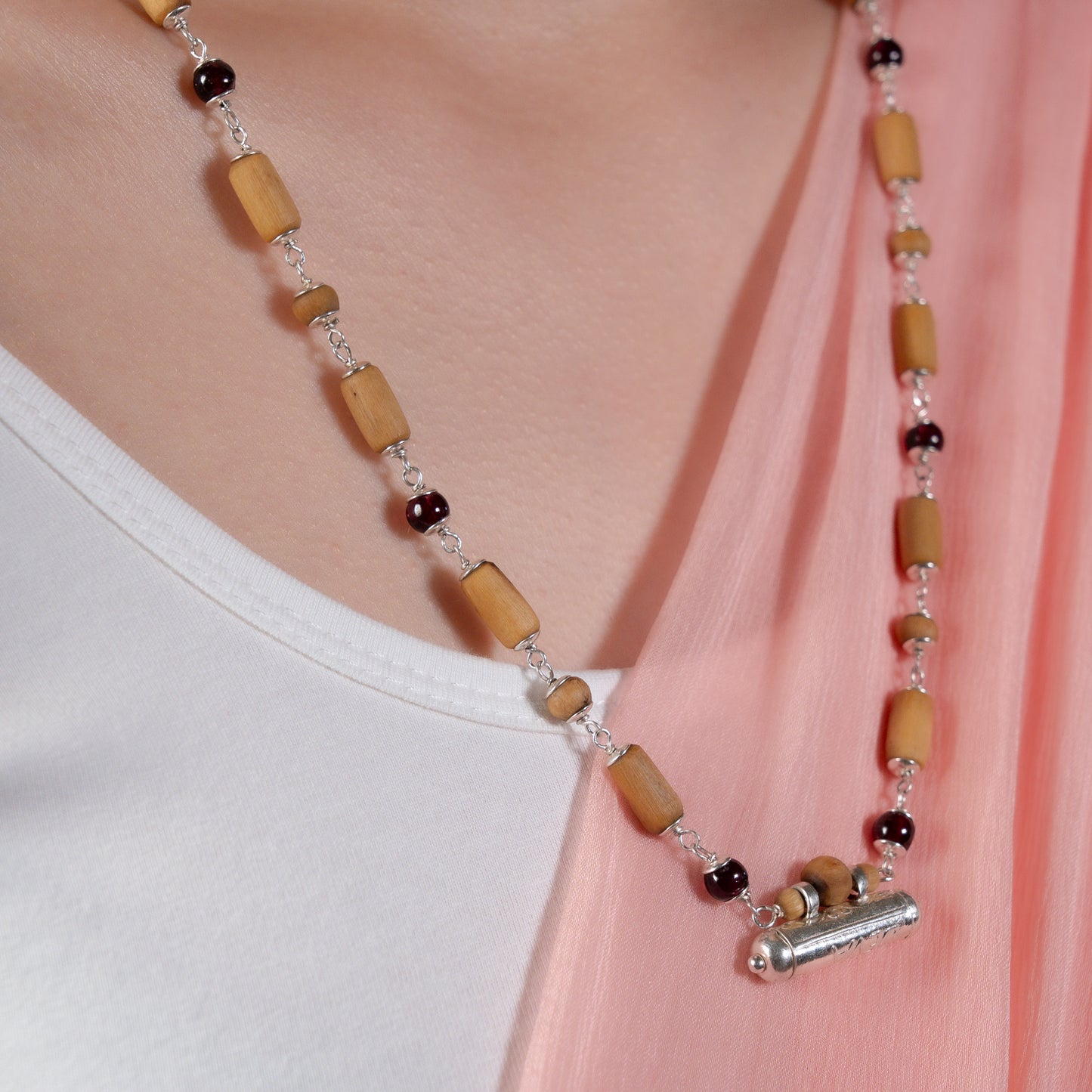 Janaki Silver Tulsi Mala - Garnet for Creativity and Courage