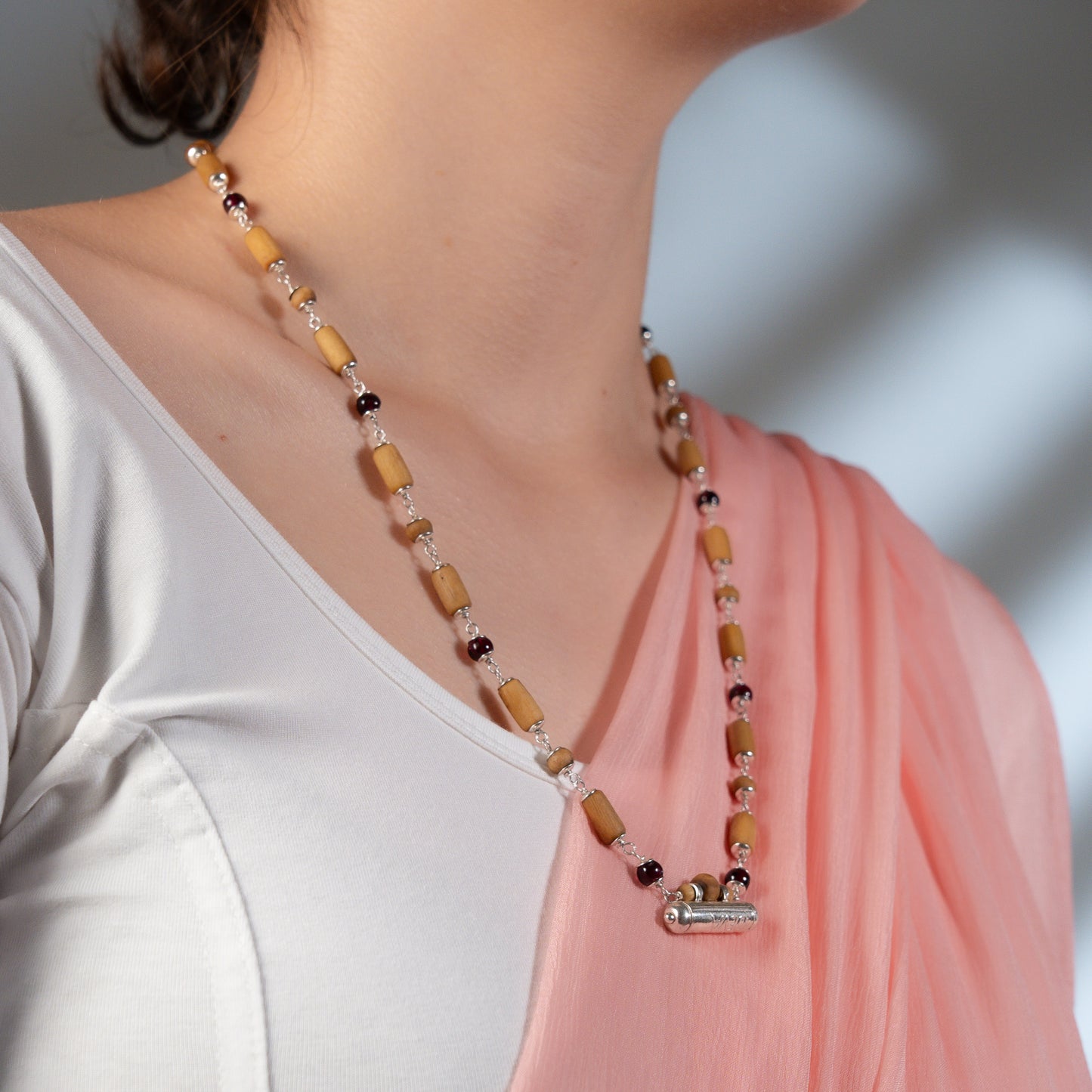 Janaki Silver Tulsi Mala - Garnet for Creativity and Courage