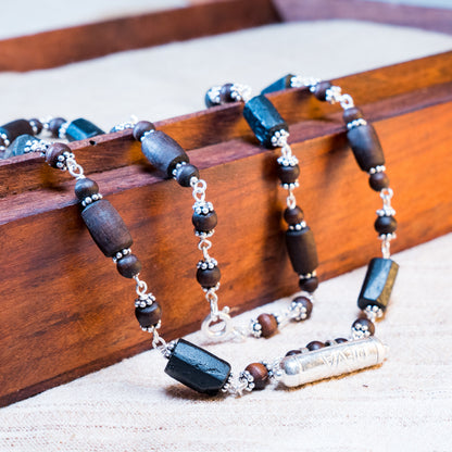 Rajeshwari Silver Tulsi Mala - Narasimha Kavacha and Black Tourmaline