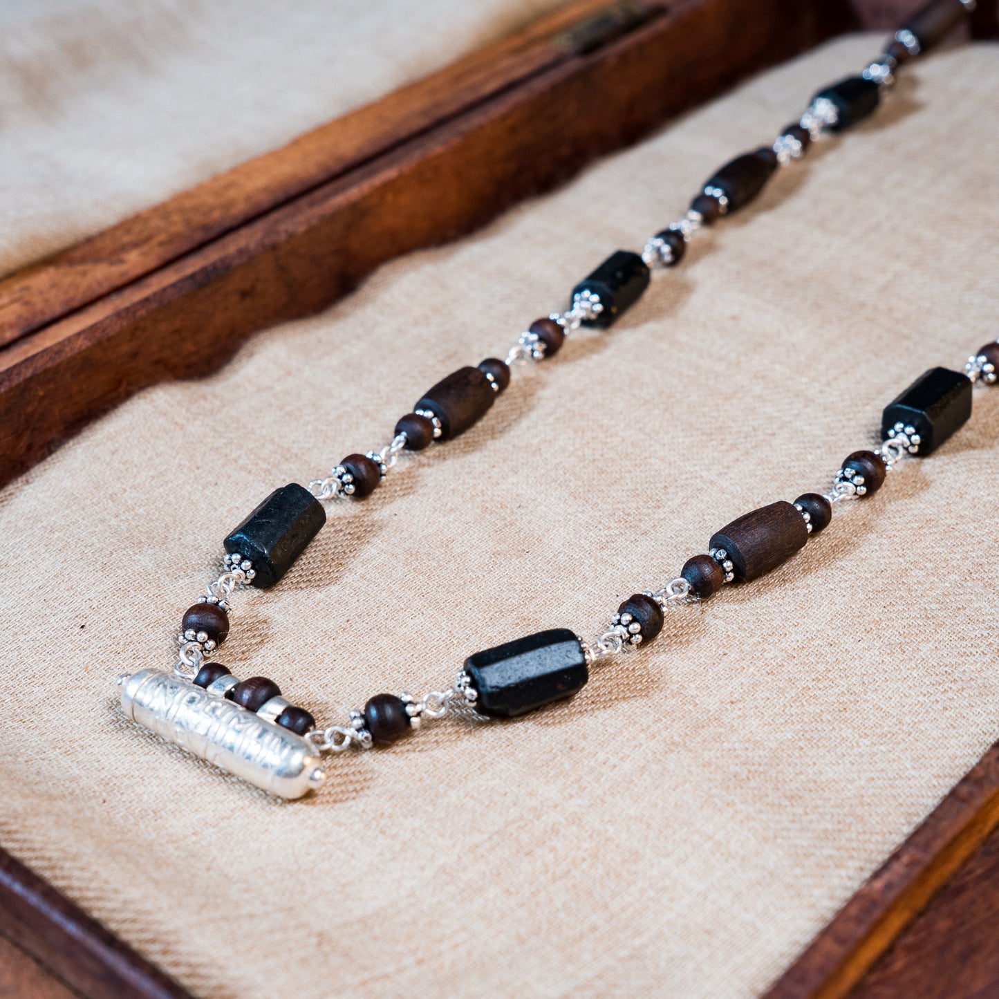 Rajeshwari Silver Tulsi Mala - Narasimha Kavacha and Black Tourmaline