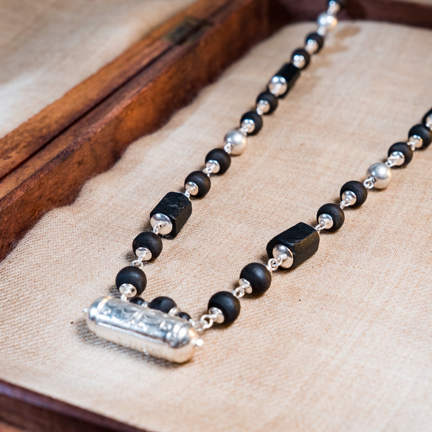 Rajarshi Silver Tulsi Mala - Narasimha Kavacha and Black Tourmaline