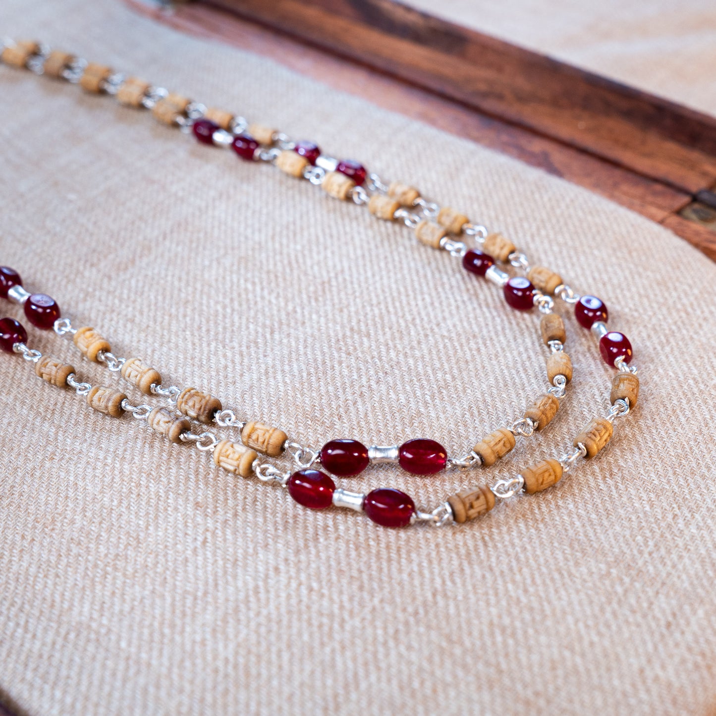 Padmaraga Silver Tulsi Mala - Carrying Courage and Devotion 2-Line Kanti